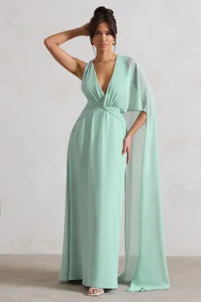 Fairytale | Sage Plunge-Neck Chiffon Maxi Dress With Cape Sleeve