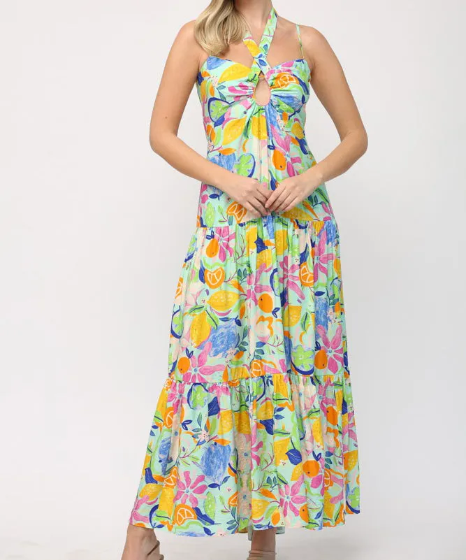 Front Keyhole Back Tie Maxi Dress - Aqua Multi