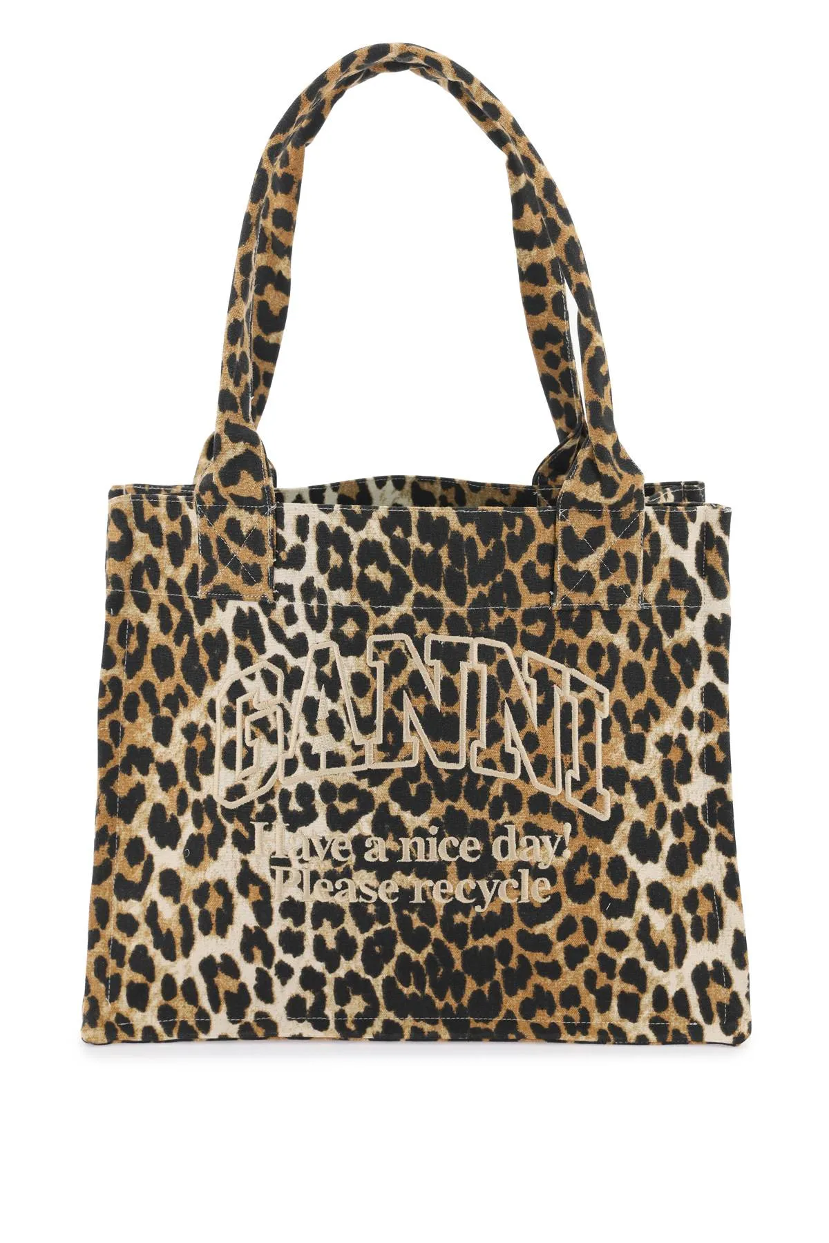 Ganni Recycled Cotton Animal Print Tote Bag   Beige