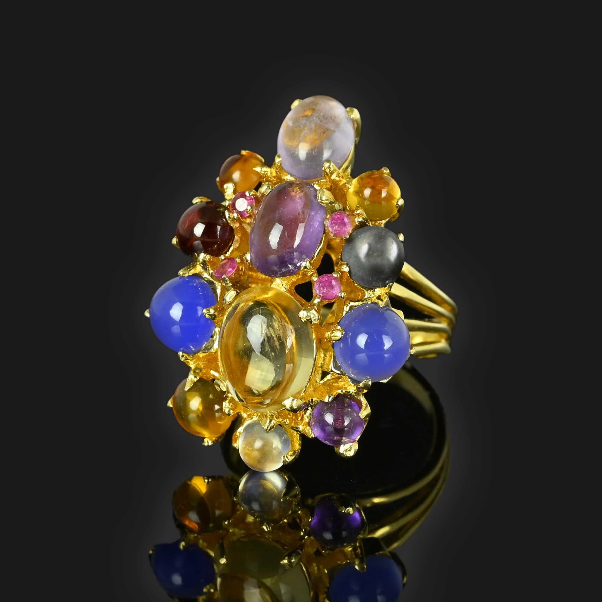 Huge 14K Gold Multi Gemstone Cabochon Ring