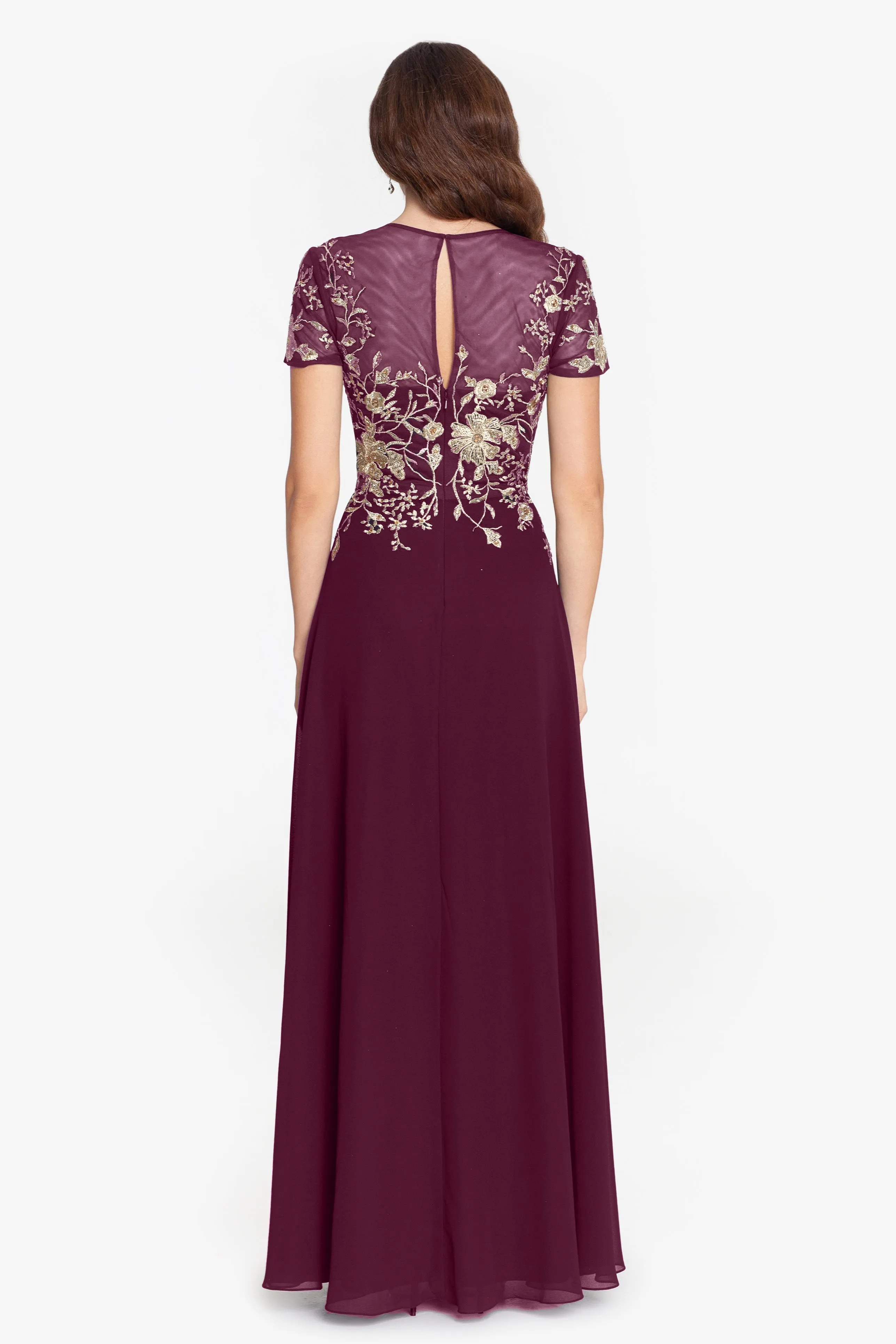 Ivanna Long Embroidered Mesh Cap Sleeve Dress