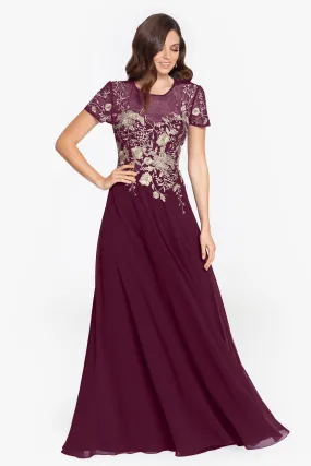 Ivanna Long Embroidered Mesh Cap Sleeve Dress