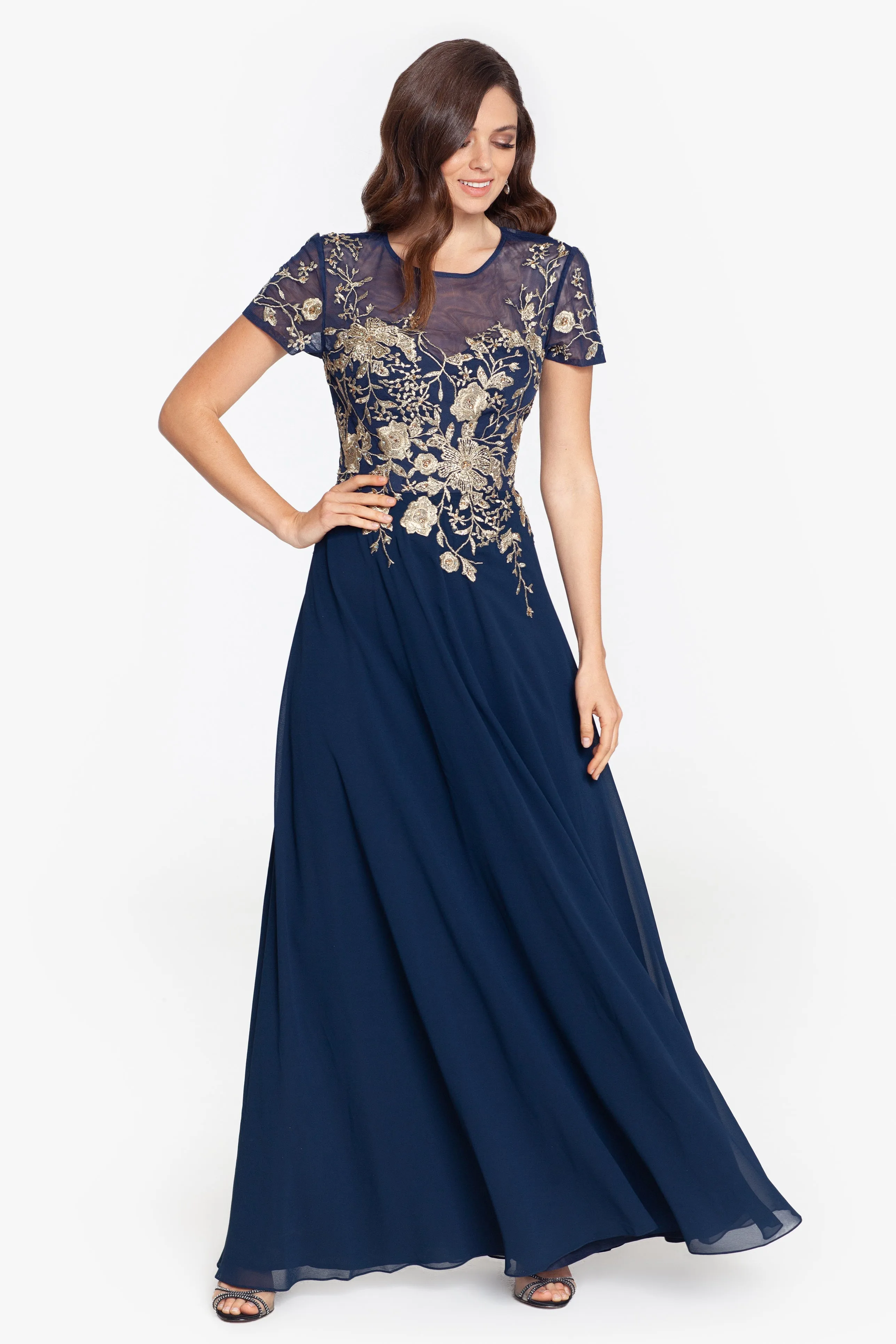 Ivanna Long Embroidered Mesh Cap Sleeve Dress