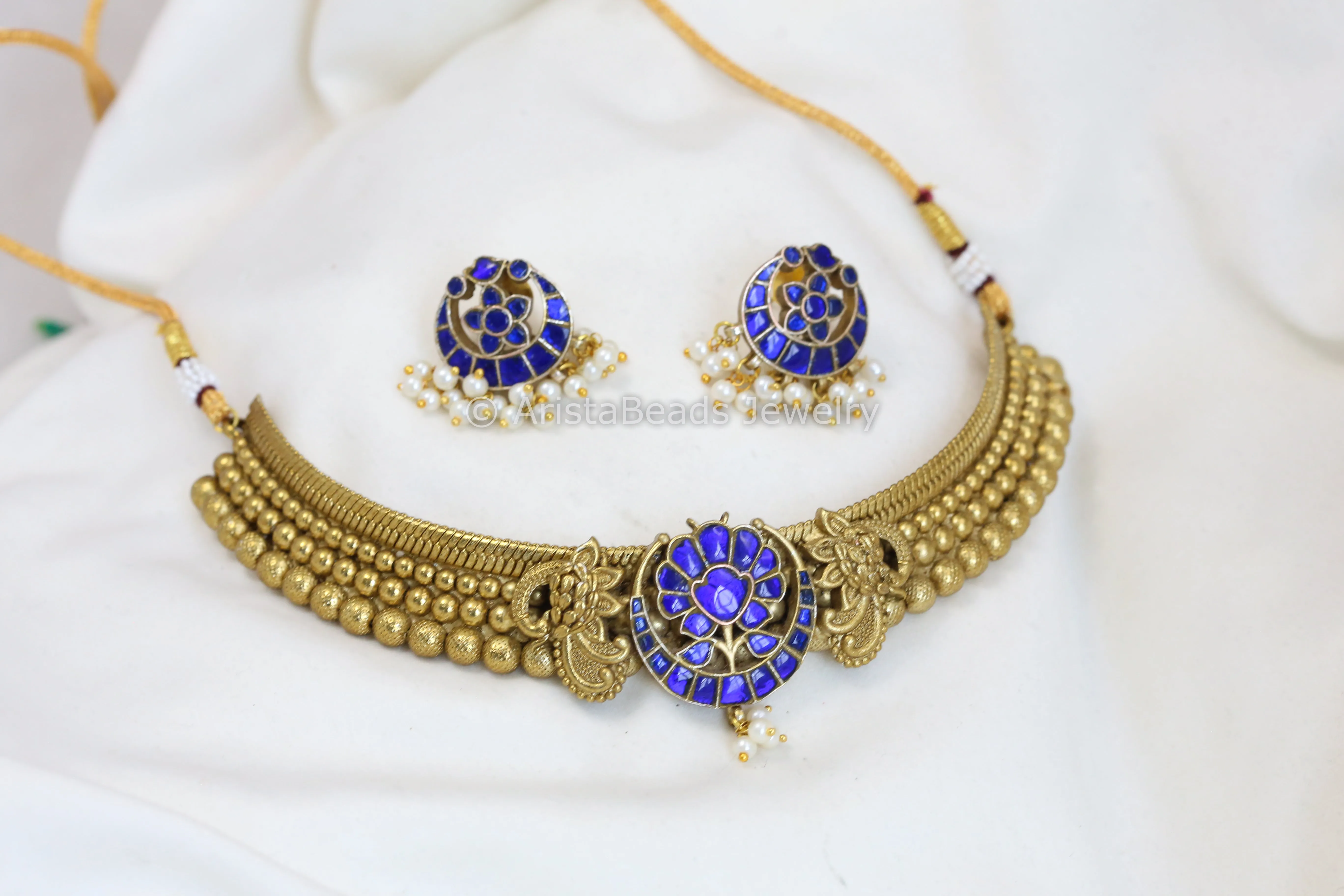 Jadau Thussi Necklace Set  - Blue