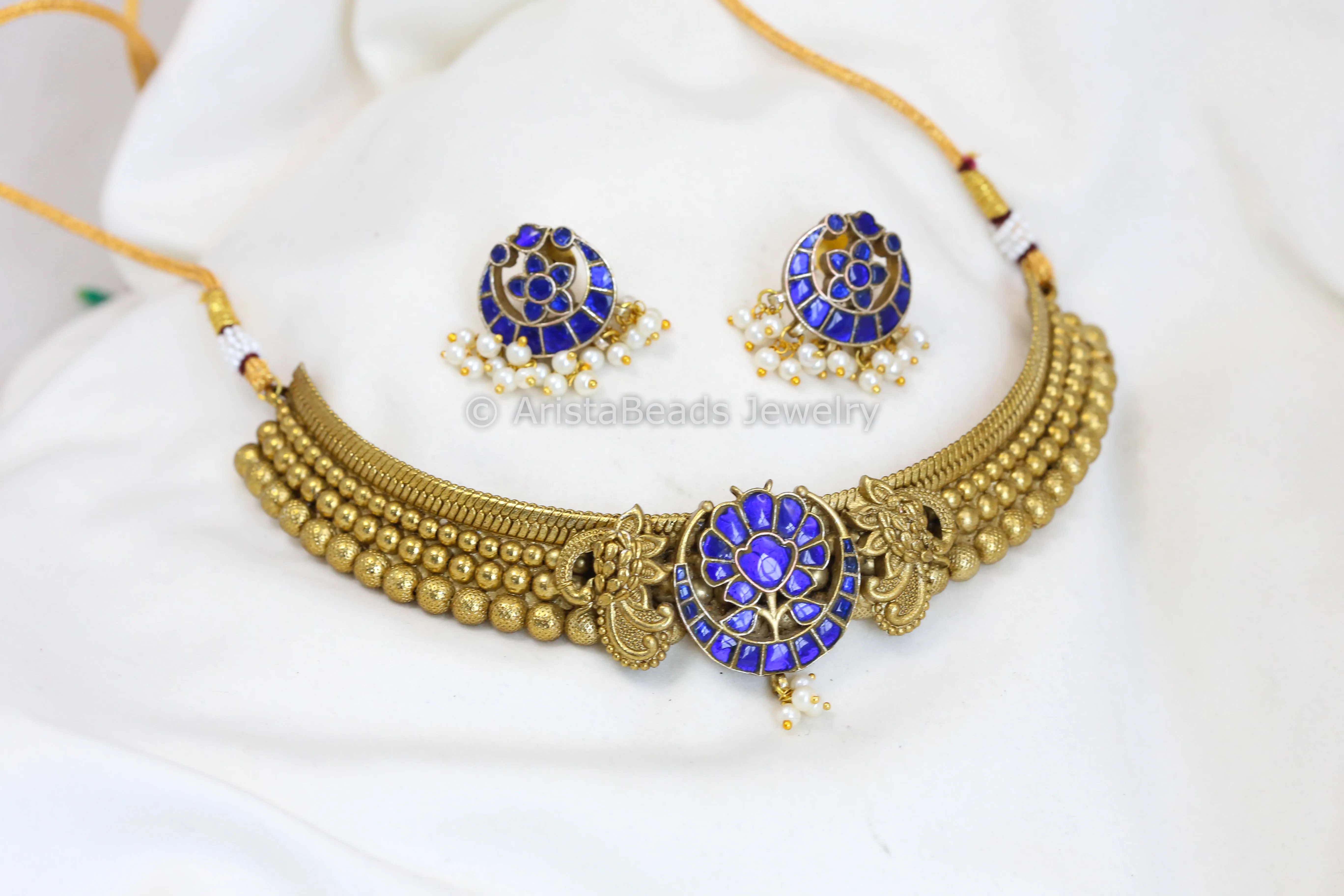 Jadau Thussi Necklace Set  - Blue