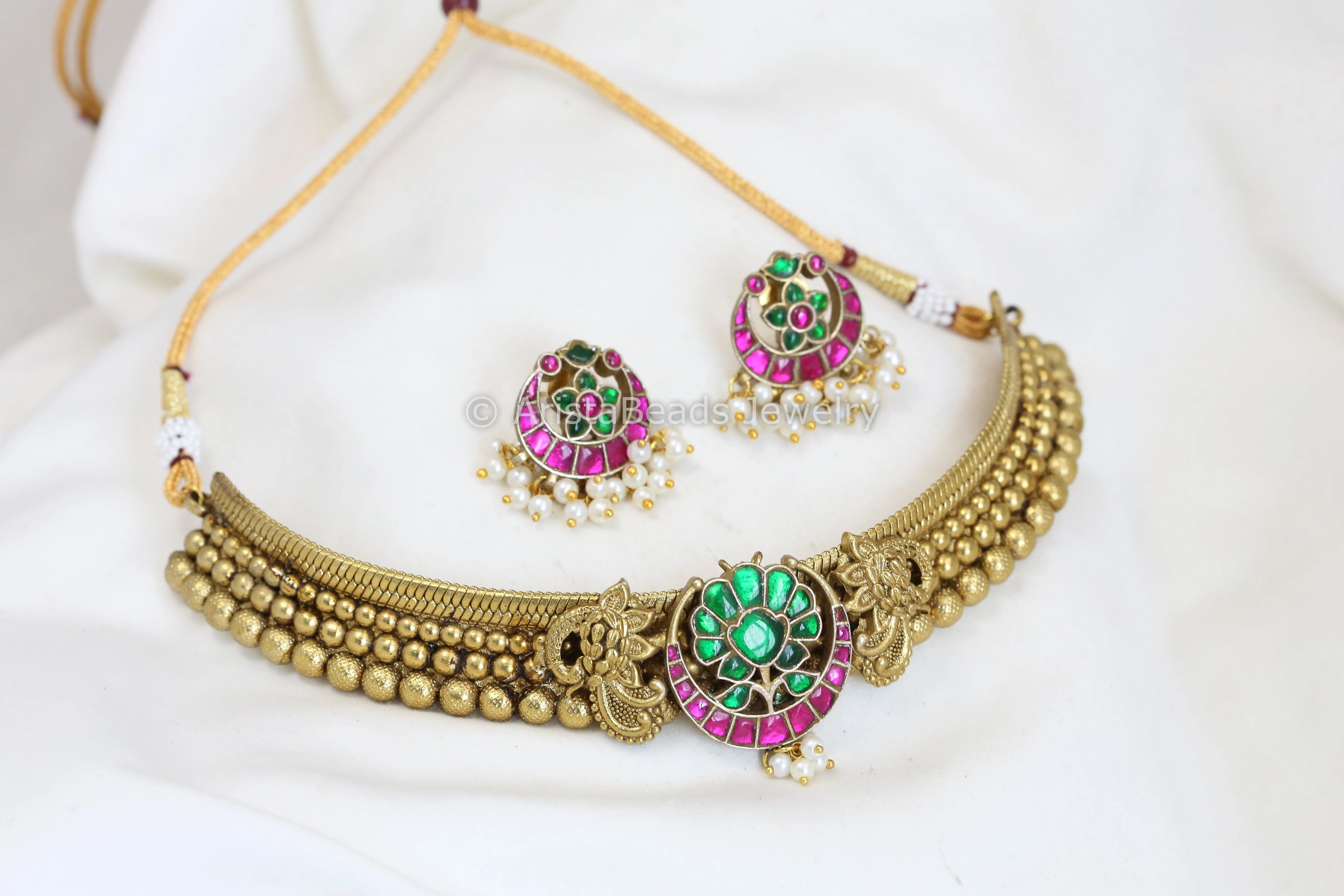 Jadau Thussi Necklace Set  - Green Ruby