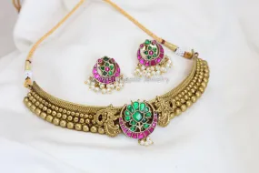 Jadau Thussi Necklace Set  - Green Ruby