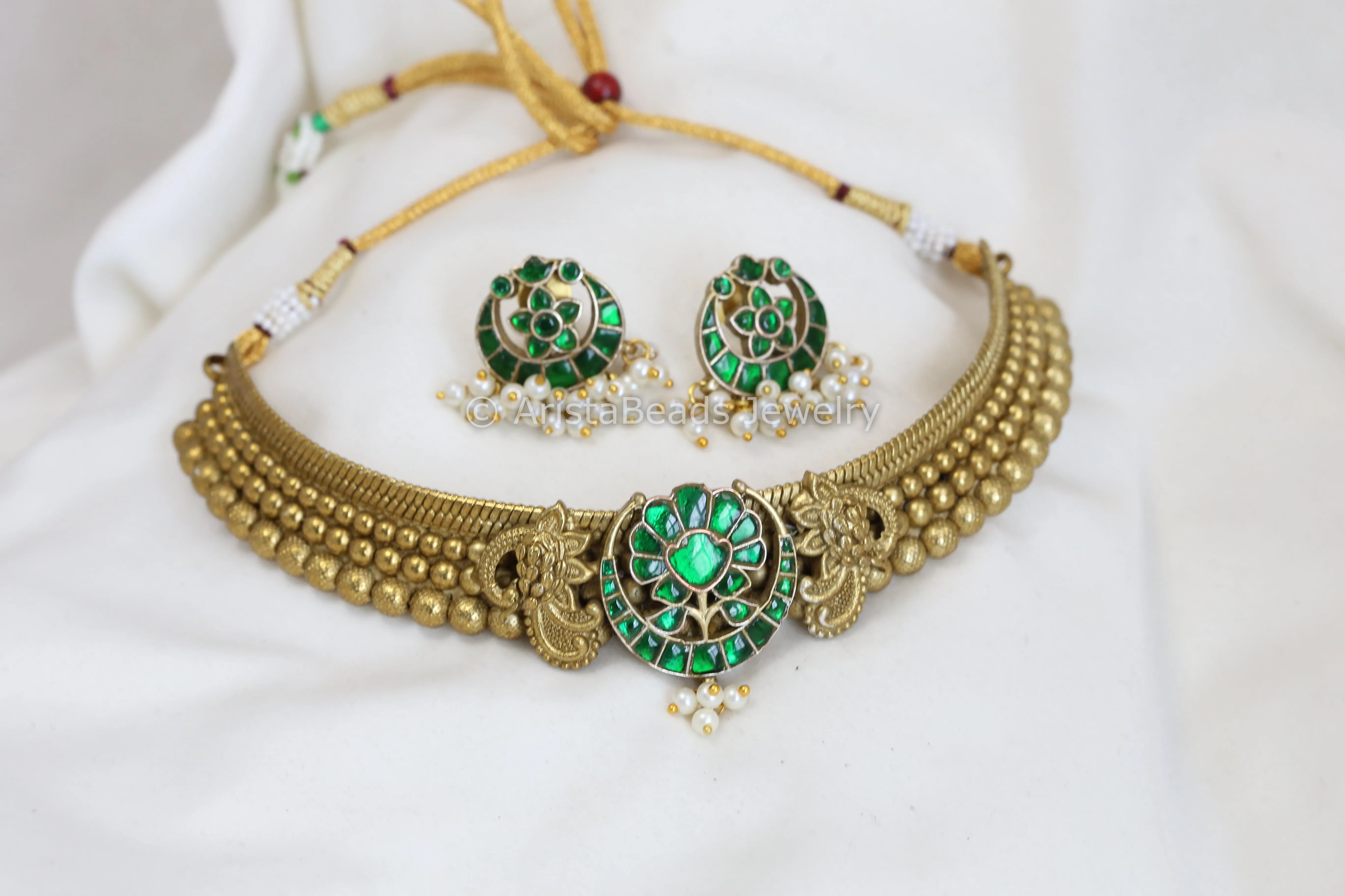 Jadau Thussi Necklace Set  - Green