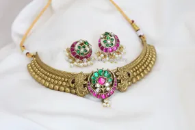 Jadau Thussi Necklace Set  - Multi