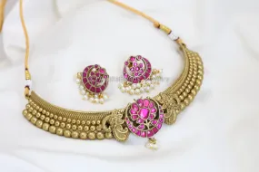 Jadau Thussi Necklace Set  -Ruby