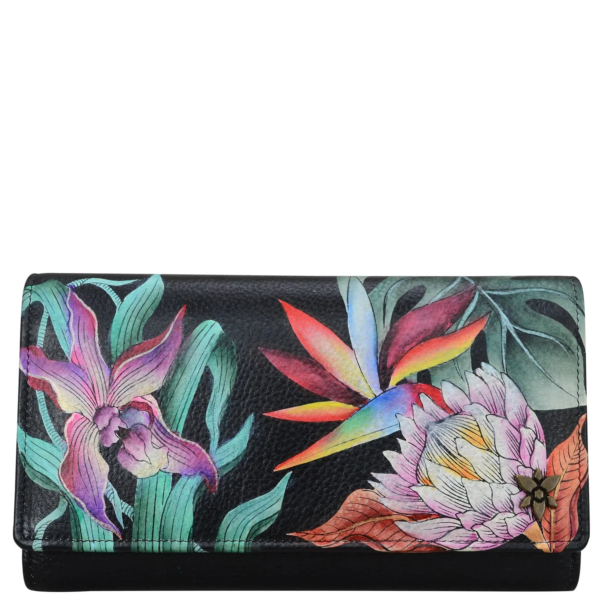 Leather Hand Painted Checkbook Clutch with RFID - Island Escape Black (1153)