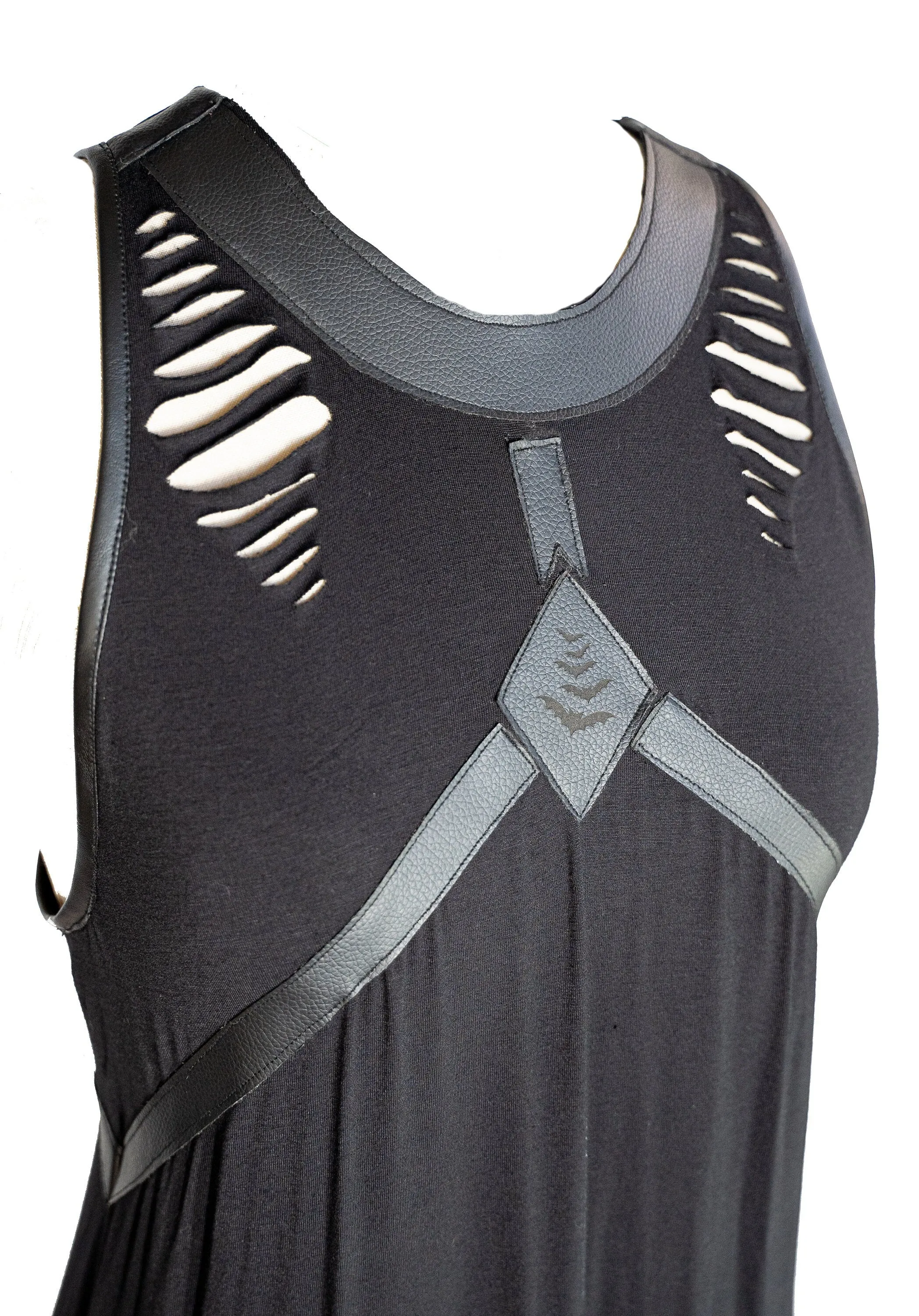 Leather harness laser engraved amulet slashed maxi dress