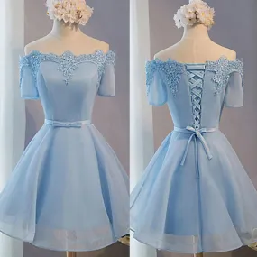 Light Blue Off Shoulder Half Sleeve Lace Appliques Lace Up Back Lovely Homecoming Dresses, BD00198