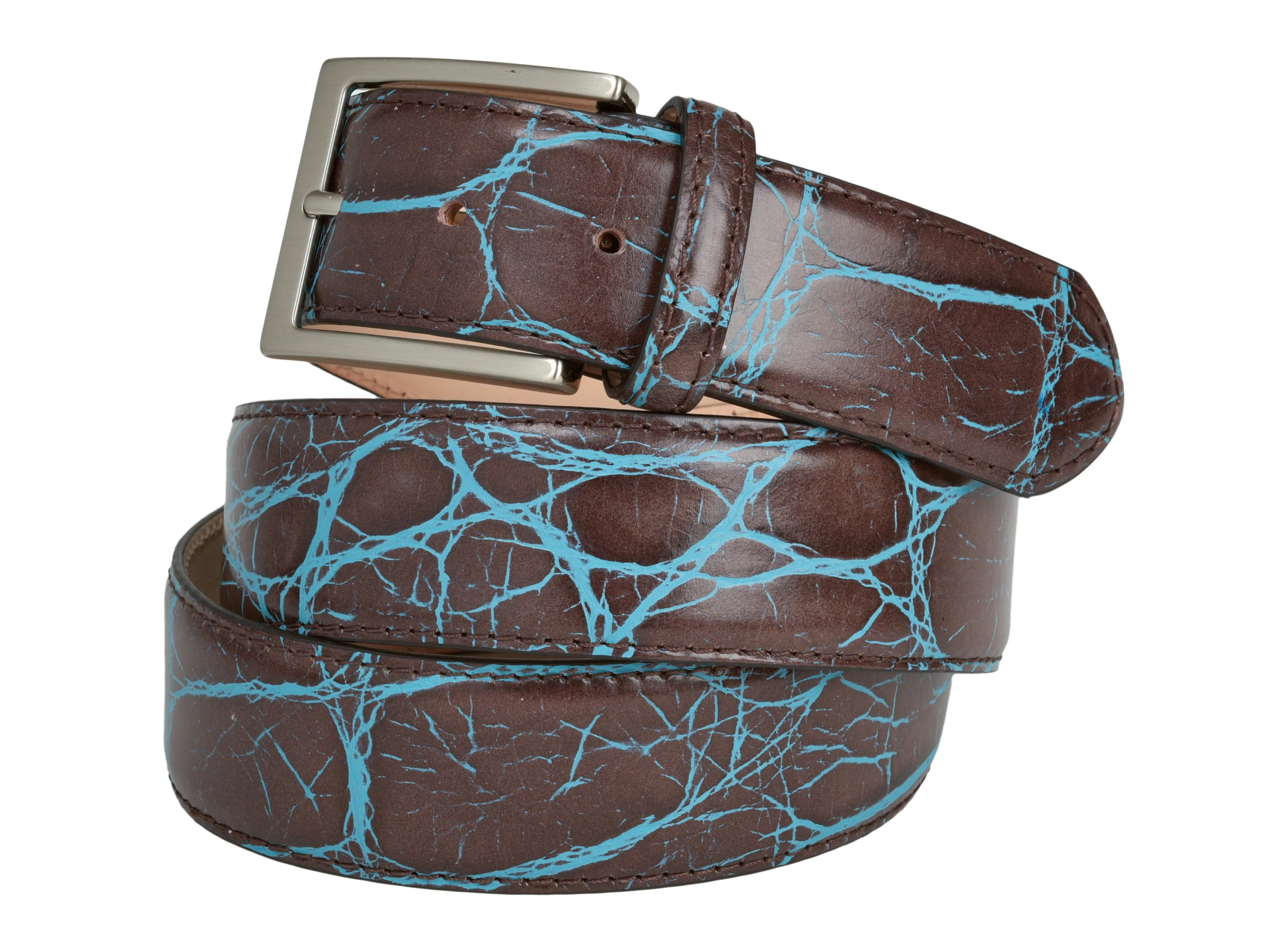 Limited Edition Calf Skin Alligator Embossed Belt Brown/Teal Blue