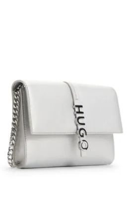 Logo-lettering clutch bag in laminated faux leather