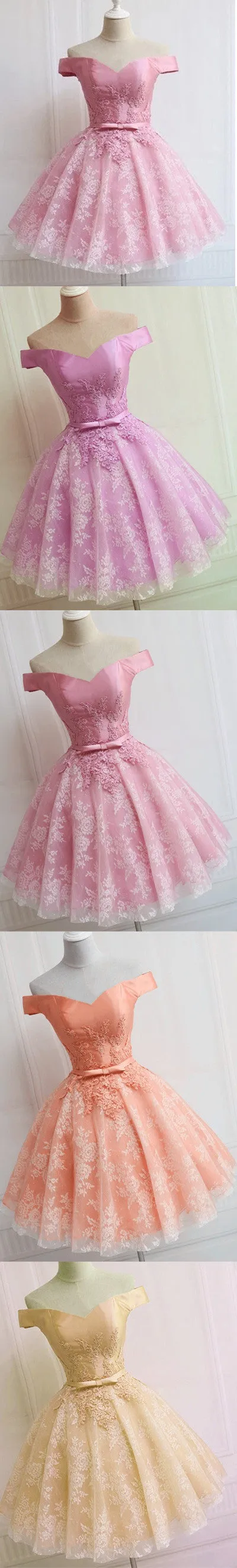 Lovely Pink  A-line Off-shoulder Sweetheart Lace Appliques Bow Sash Knee Length Homecoming Dress,BD0109