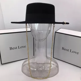 Men and Women Winter Black Wool Solid Pattern Fedora Hat with Chain