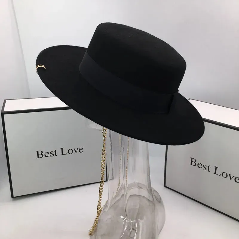 Men and Women Winter Black Wool Solid Pattern Fedora Hat with Chain