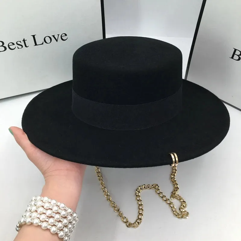 Men and Women Winter Black Wool Solid Pattern Fedora Hat with Chain