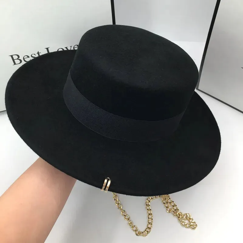 Men and Women Winter Black Wool Solid Pattern Fedora Hat with Chain