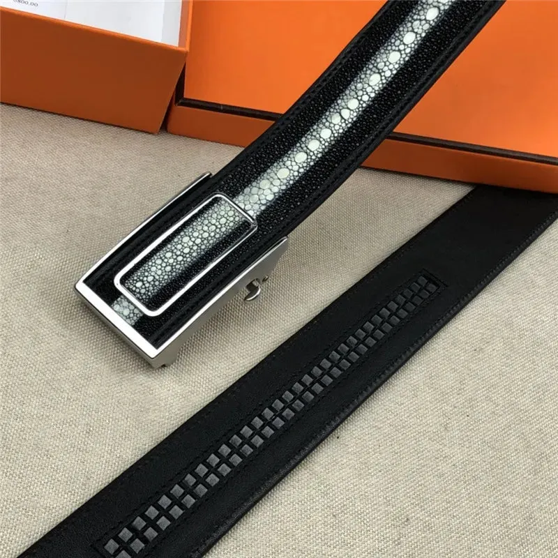 Men's Classic Black White Genuine Stingray Skin Leather Waist Belt