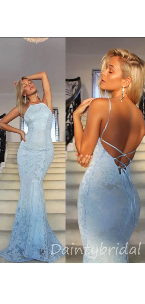 Mermaid Lace Sleeveless Open Back Long Prom Dresses Evening Dresses.DB10360