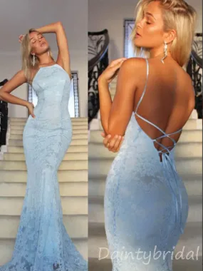 Mermaid Lace Sleeveless Open Back Long Prom Dresses Evening Dresses.DB10360