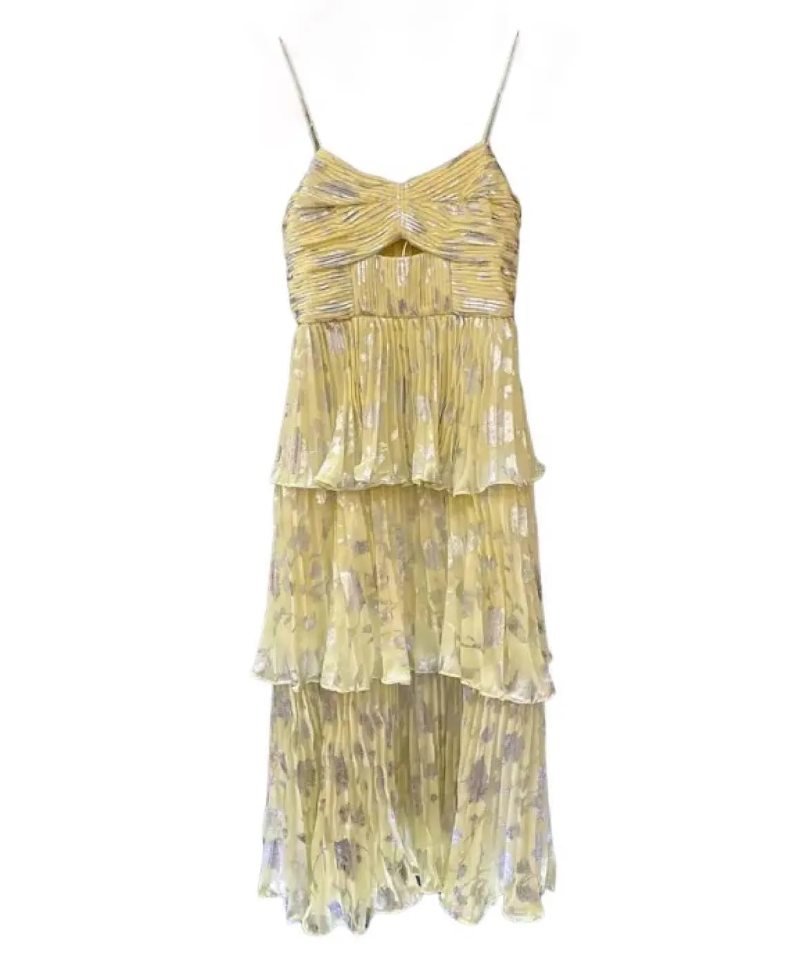 Metallic Print Layered Chiffon Midi Dress In Yellow