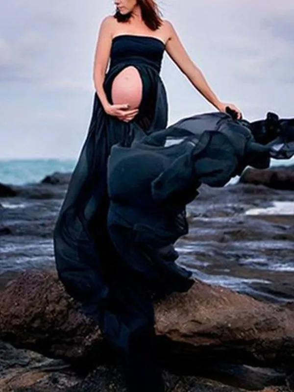 Momnfancy Bandeau Draped Slit Maternity Maxi Dress For Babyshower