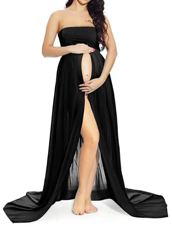 Momnfancy Bandeau Draped Slit Maternity Maxi Dress For Babyshower