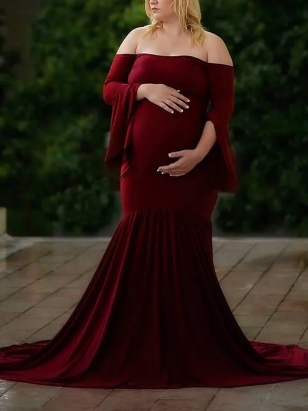 Momnfancy Draped For Babyshower Off Shoulder Long Sleeve Maternity Dress