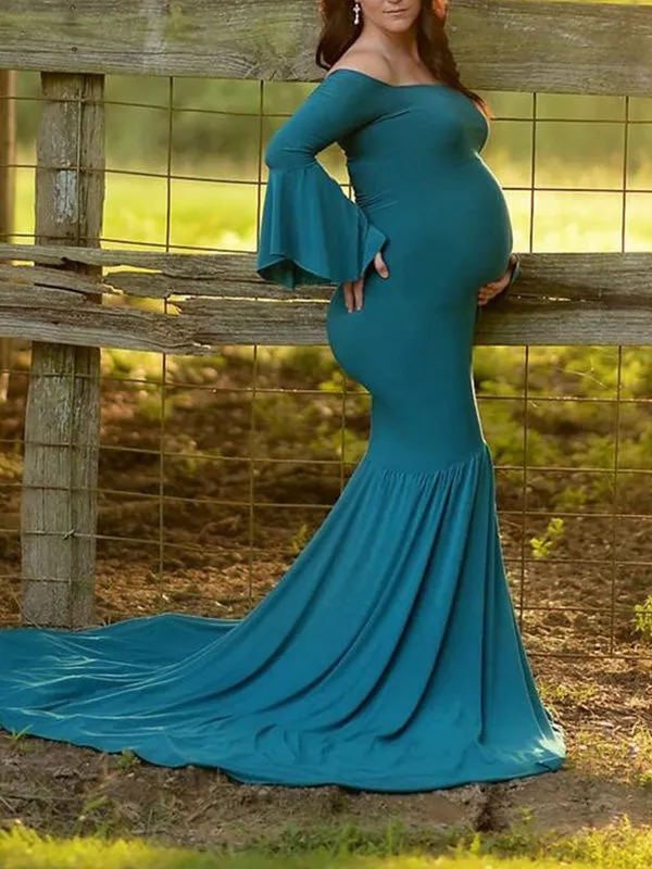 Momnfancy Draped For Babyshower Off Shoulder Long Sleeve Maternity Dress