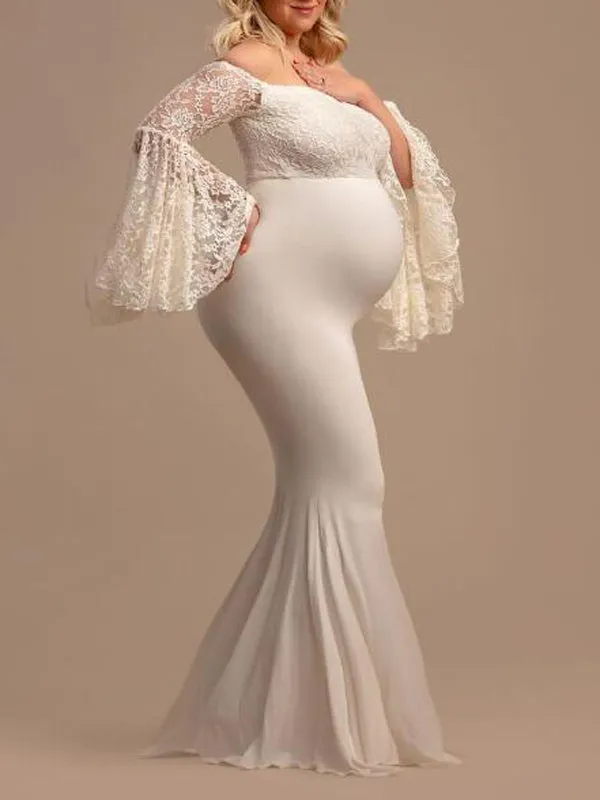 Momnfancy Lace Off Shoulder Flare Sleeve Mermaid Babyshower  Maternity Dress