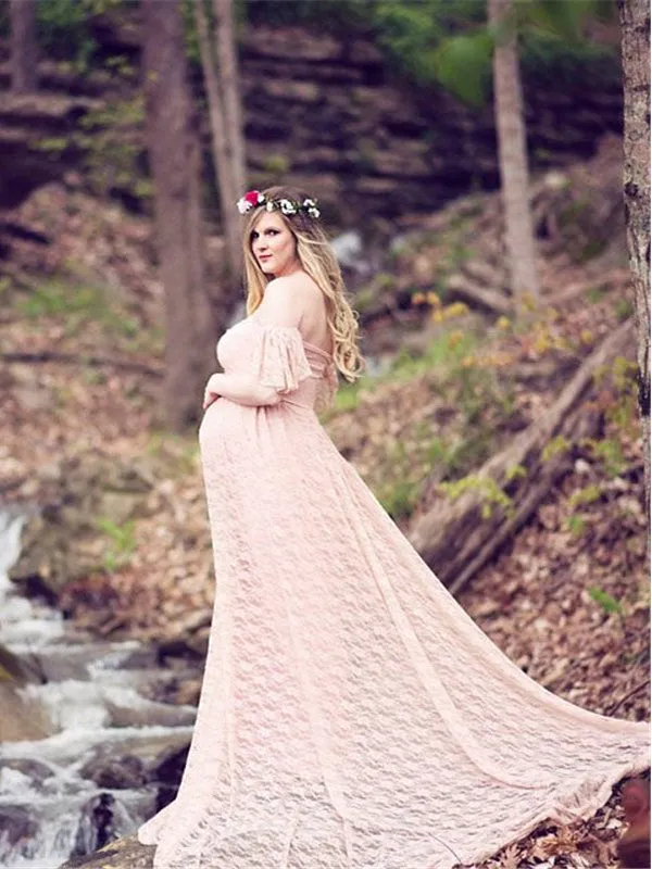 Momnfancy Lace Trailing Off Shoulder Maternity Babyshower Elegant Maxi Dress