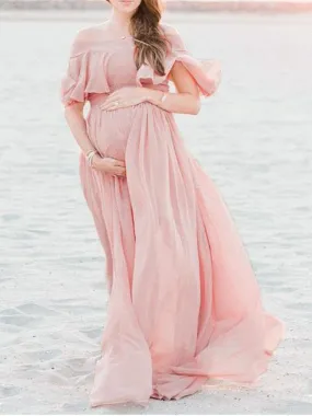 Momnfancy Ruffle Draped Off Shoulder Photoshoot Baby Shower Flowy Maternity Dress