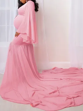 Momnfancy V-neck Long Sleeve Bodycon Floor Length Photoshoot Maternity Maxi Dress