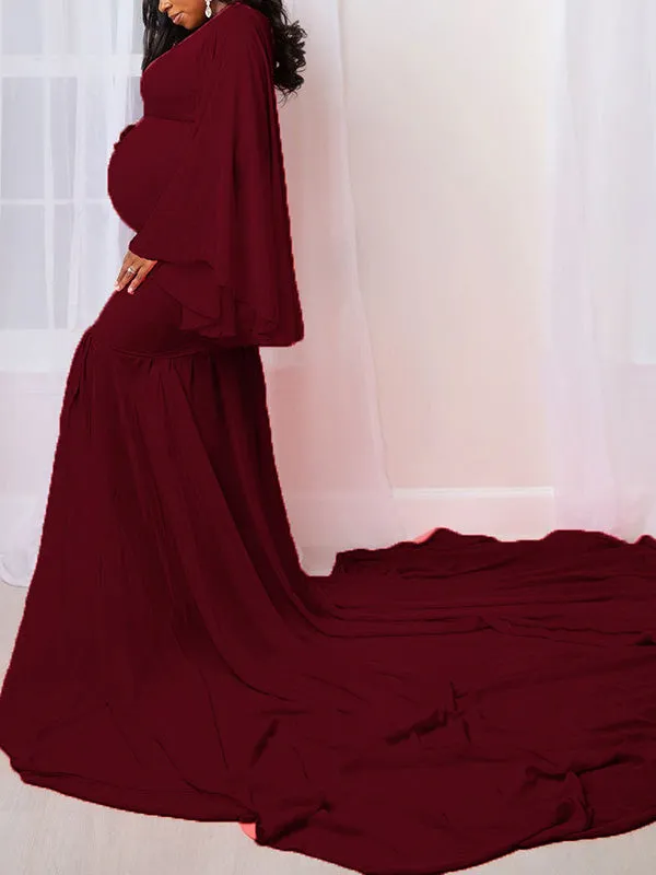 Momnfancy V-neck Long Sleeve Bodycon Floor Length Photoshoot Maternity Maxi Dress