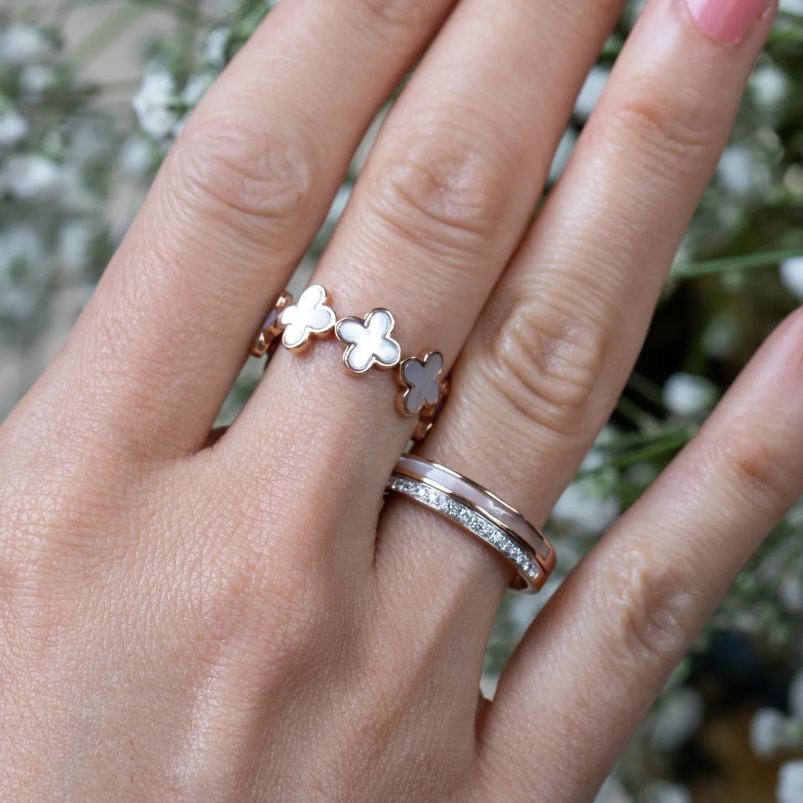 Mother of Pearl Clover Eternity Ring