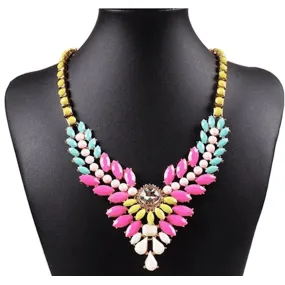 Multi colored Beaded Cluster Flower Pendant Bib Necklace