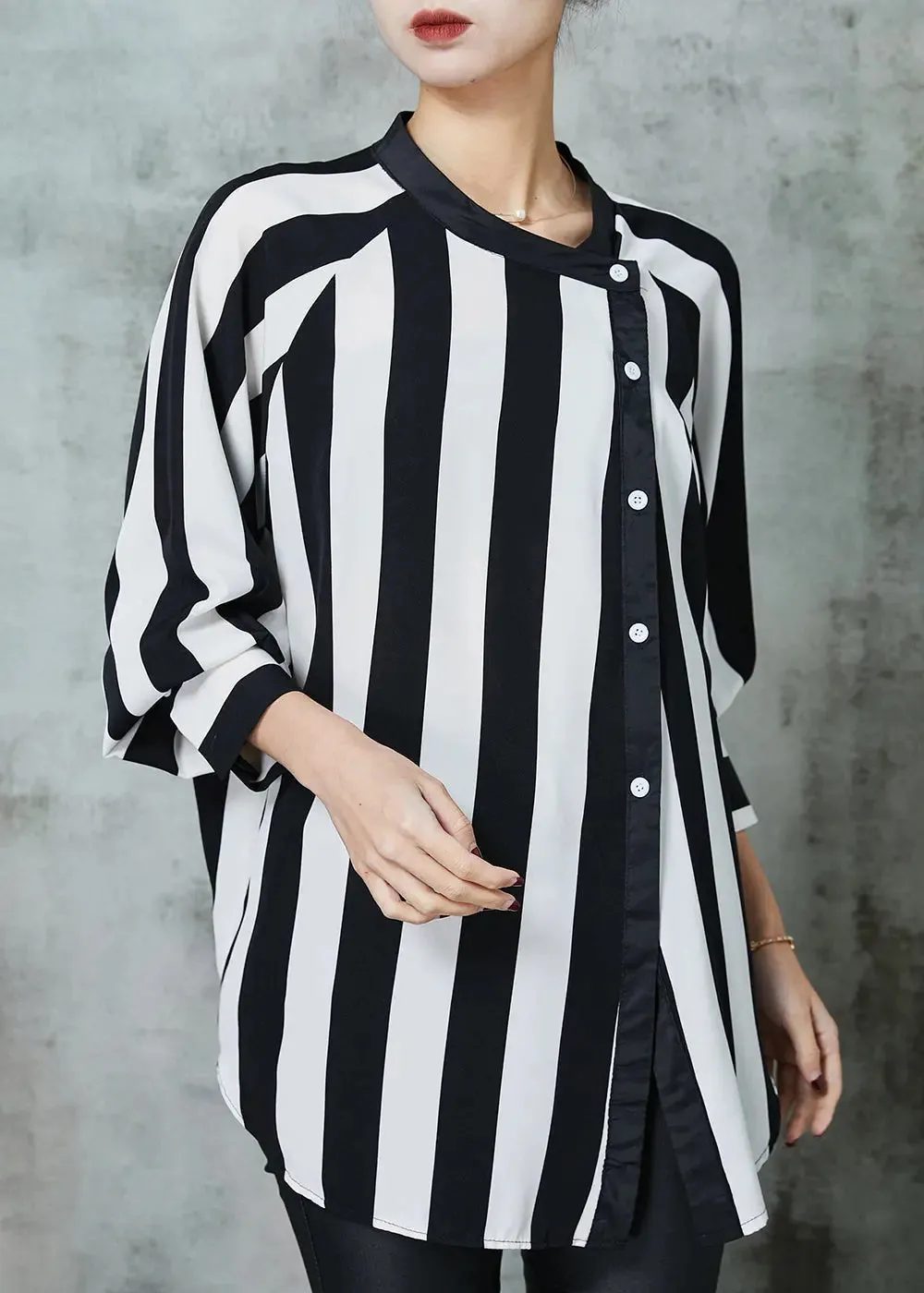 Natural Black Asymmetrical Striped Chiffon Top Spring JK1067