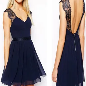 Navy blue cap sleeve chiffon open back simple casual cheap homecoming dress,BD00135