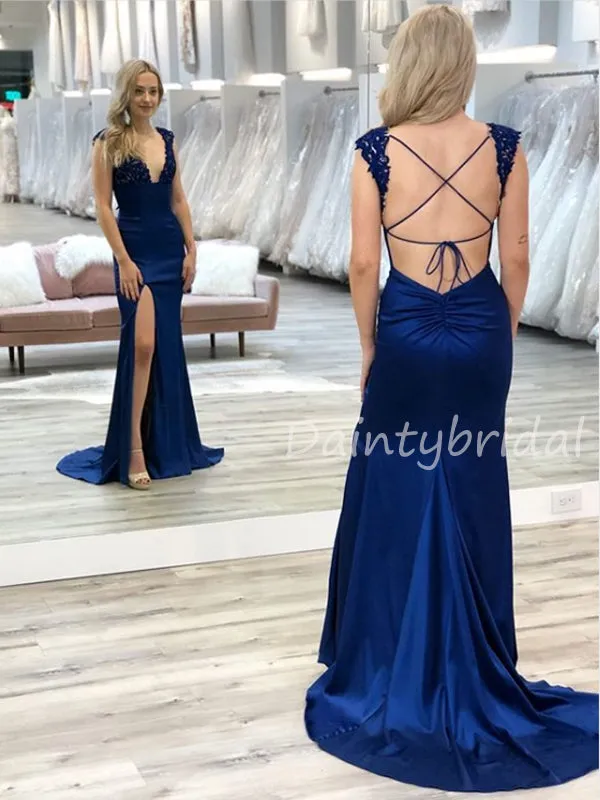 New Arrival Deep V-neck Mermaid Open Back Side Slit Fashion Prom Dresses Evening Dresses.DB10497