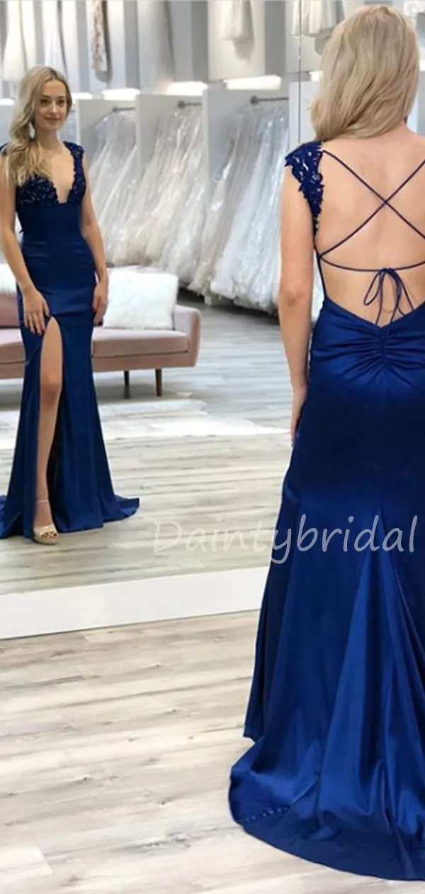 New Arrival Deep V-neck Mermaid Open Back Side Slit Fashion Prom Dresses Evening Dresses.DB10497