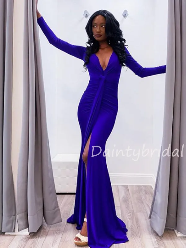 New Arrival V-neck Mermaid Long Sleeve Slit Fashion Prom Dresses Evening Dresses.DB10498