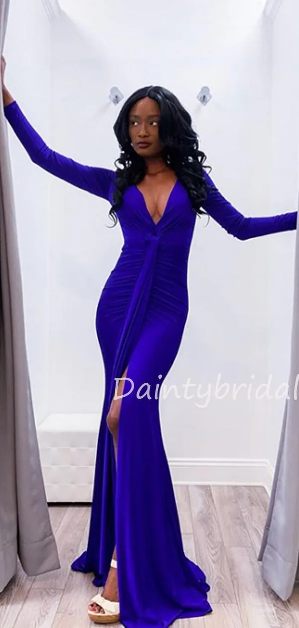 New Arrival V-neck Mermaid Long Sleeve Slit Fashion Prom Dresses Evening Dresses.DB10498