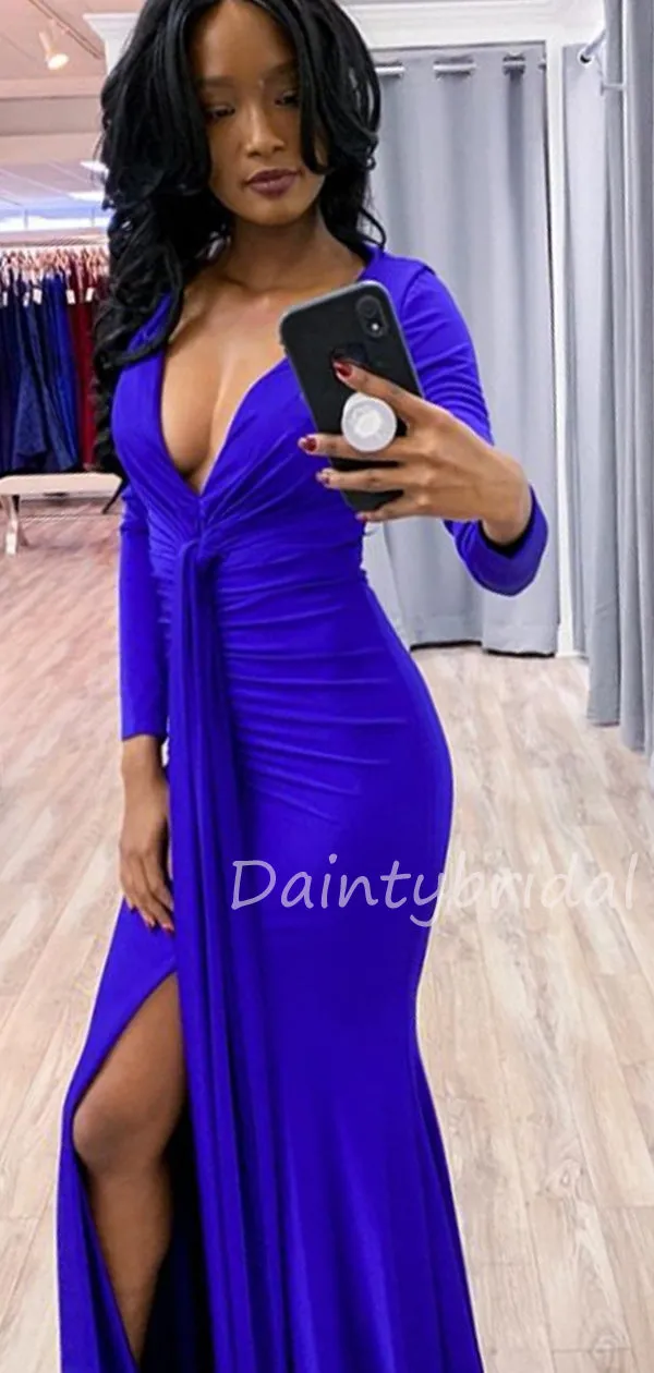 New Arrival V-neck Mermaid Long Sleeve Slit Fashion Prom Dresses Evening Dresses.DB10498