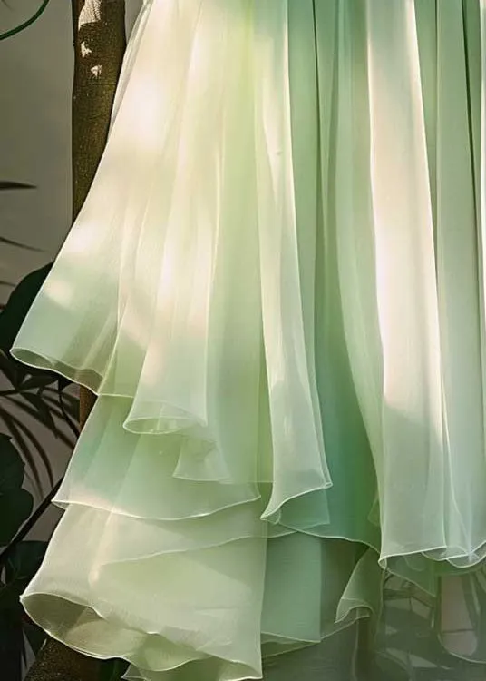 New Green Asymmetrical Elastic Waist Chiffon Pleated Skirt Summer AB1011