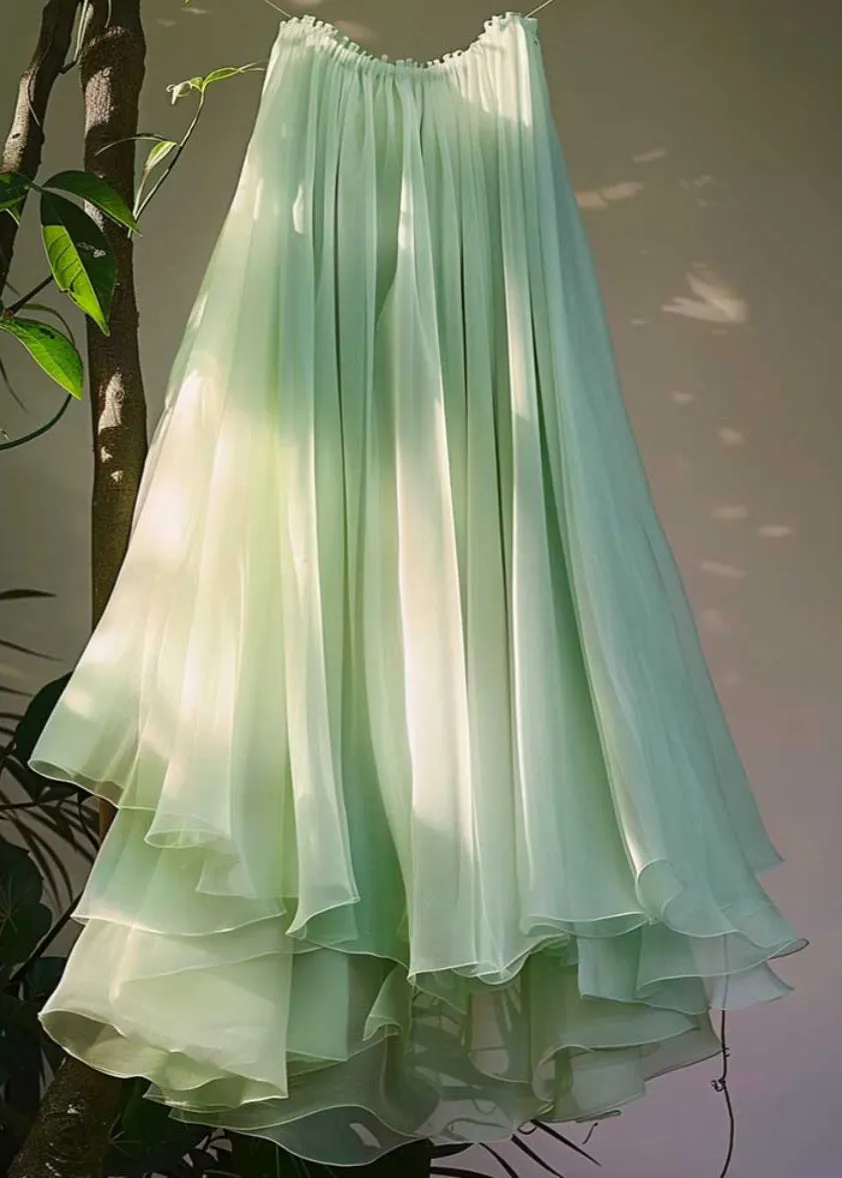 New Green Asymmetrical Elastic Waist Chiffon Pleated Skirt Summer AB1011