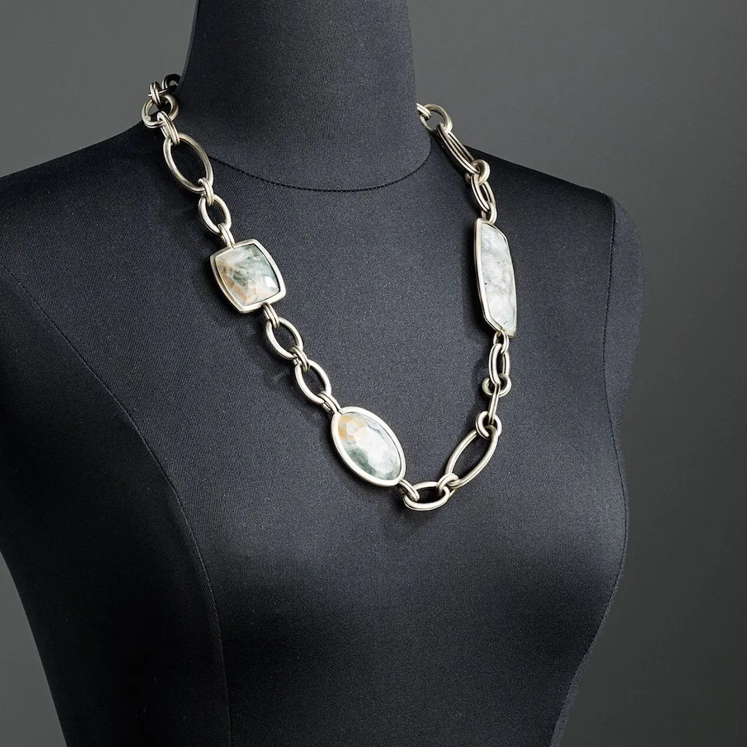 Ocean Jasper Chain Link Necklace, White Brass