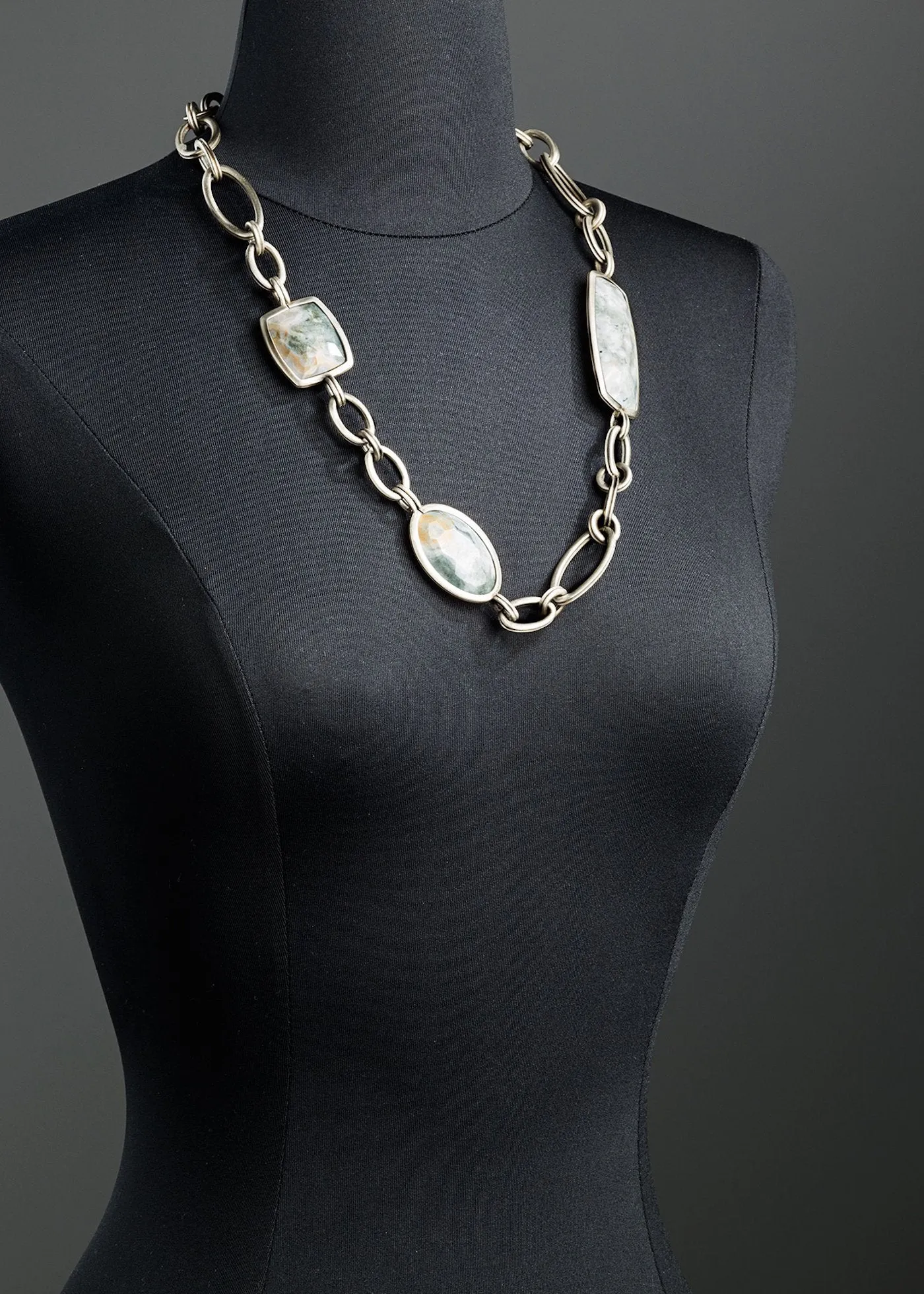 Ocean Jasper Chain Link Necklace, White Brass